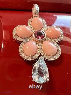 14K White Rose Gold Natural 3.30CT Diamond Rare Pink Coral Aquamarine Pendant