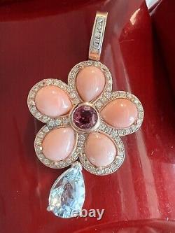 14K White Rose Gold Natural 3.30CT Diamond Rare Pink Coral Aquamarine Pendant