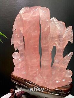 4.2LB Rare Natural pink rose quartz bamboo hand carved reiki healing gift +stand