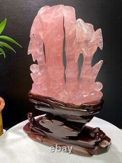 4.2LB Rare Natural pink rose quartz bamboo hand carved reiki healing gift +stand