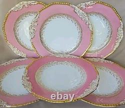 (6) ANTIQUE COALPORT ENGLAND Pink&Gold Embossed Porcelain DINNER PLATES RARE