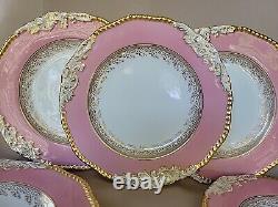 (6) ANTIQUE COALPORT ENGLAND Pink&Gold Embossed Porcelain DINNER PLATES RARE