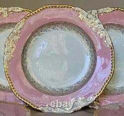 (6) ANTIQUE COALPORT ENGLAND Pink&Gold Embossed Porcelain DINNER PLATES RARE