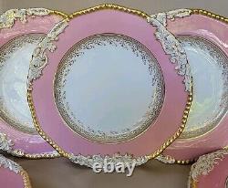 (6) ANTIQUE COALPORT ENGLAND Pink&Gold Embossed Porcelain DINNER PLATES RARE