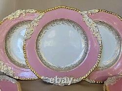 (6) ANTIQUE COALPORT ENGLAND Pink&Gold Embossed Porcelain DINNER PLATES RARE