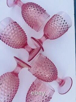 (6) L. E Smith Vintage Water Goblet Hobnail Pink Footed Glasses (RARE SET)