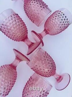 (6) L. E Smith Vintage Water Goblet Hobnail Pink Footed Glasses (RARE SET)