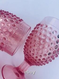 (6) L. E Smith Vintage Water Goblet Hobnail Pink Footed Glasses (RARE SET)