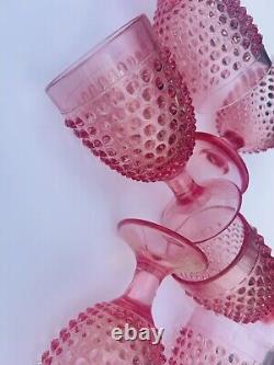 (6) L. E Smith Vintage Water Goblet Hobnail Pink Footed Glasses (RARE SET)