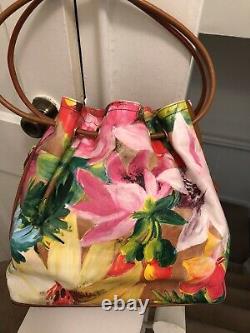 AUTH Brahmin Tropical Rose Trina Pink Floral Leather Bucket, Shoulder Bag, Rare