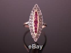 A Rare Navette Edwardian Pink Sapphire Ruby & Rose Cut Diamond Engagement Ring
