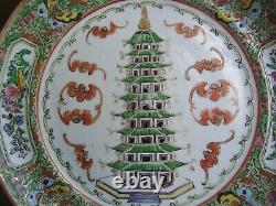 Antique 19th c. Chinese Porcelain Famille Rose Plate with Rare Temple & Bats