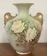 Antique Belleek Yellow Pink Rose Floral Vase With Cherub Handles Rare Htf 12