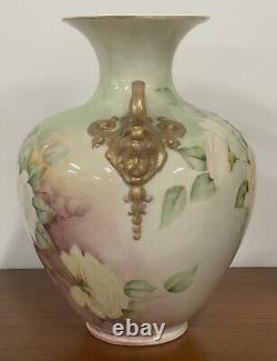 Antique Belleek Yellow Pink Rose Floral Vase with Cherub Handles Rare HTF 12