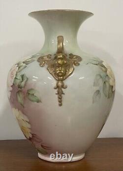 Antique Belleek Yellow Pink Rose Floral Vase with Cherub Handles Rare HTF 12