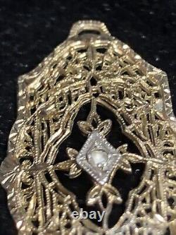 Antique Edwardian 12k GF Filigree Rose Cut Diamond Pendant Art Deco Gold Rare