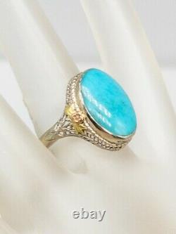 Antique Edwardian 1900s 10ct Turquoise 14k White Rose Gold Filigree Ring RARE