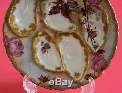 Antique HAVILAND LIMOGES Oyster Plate Pink Cabbage ROSES Gold, RARE! Circa 1889