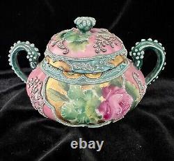 Antique Nippon Elaborate Roses Gold Moriage 8 piece Pink Tea Set Cups Very Rare