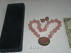 Antique Rose Quartz Necklace Earrings Chinese Jewelry with Box RARE (Z892)