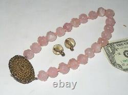 Antique Rose Quartz Necklace Earrings Chinese Jewelry with Box RARE (Z892)