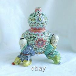 Antique Vintage Chinese Famille Rose Three Boys Gourd Shaped Vase with Rare Mark