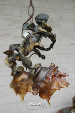 Antique french bronze putti angel 2 arm pendant lamp chandelier rose bush rare