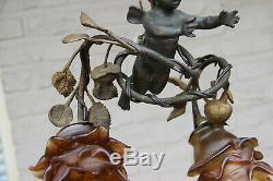 Antique french bronze putti angel 2 arm pendant lamp chandelier rose bush rare