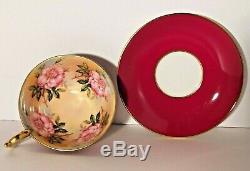 Aynsley Crimson Red 4 Pink Cabbage Roses Cup and Saucer #2961 Mint RARE