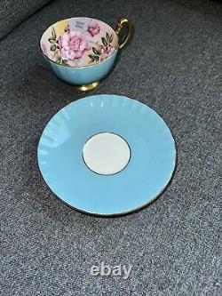 Aynsley Pink Rose Light Blue Tea cup & saucer made in England, Very Rare