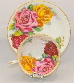 Aynsley RARE Humongous Pink Burgundy, Yellow Roses Teacup & Saucer