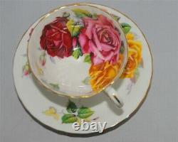 Aynsley RARE Humongous Pink Burgundy, Yellow Roses Teacup & Saucer