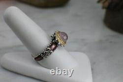 Barbara Bixby 925 SS & 18k YG Rose Quartz Enameled Ring Size 10 Two-Tone RARE