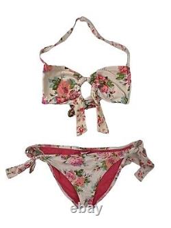 Betsey Johnson Cream Pink Gypsy Rose Floral Top Bikini Bottom Set M Rare read