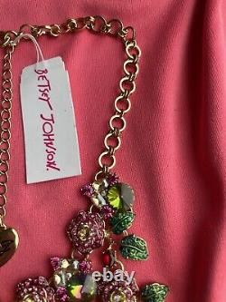 Betsey Johnson Garden Of Excess Pink Crystal Rose Bush Blood Bib Necklace RARE