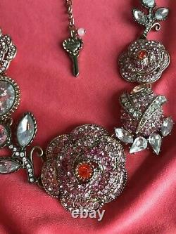 Betsey Johnson Iconic Ombre Rose Pink Crystal Paved Flower Rosebud Necklace RARE