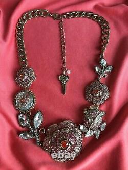 Betsey Johnson Iconic Ombre Rose Pink Crystal Paved Flower Rosebud Necklace RARE
