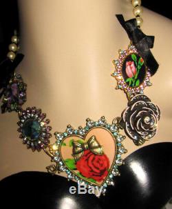 Betsey Johnson Rare Dollhouse Doll House Lg Heart Rose Bling Statement Necklace
