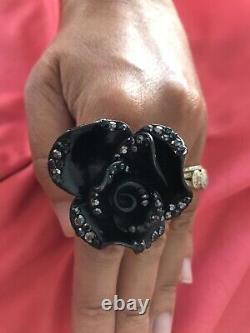 Betsey Johnson Vintage HUGE Black Metal Rose Flower Hematite Crystal Ring RARE