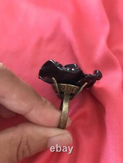 Betsey Johnson Vintage HUGE Black Metal Rose Flower Hematite Crystal Ring RARE