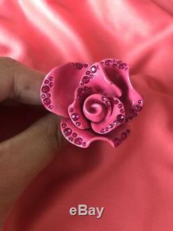 Betsey Johnson Vintage HUGE Metal Pink Rose Crystal Flower Ring VERY RARE