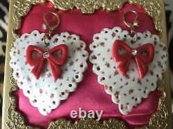 Betsey Johnson Vintage Rosebud Rose Bud Print Shell Heart Red Bow Earrings RARE