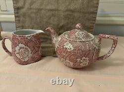 Burleigh Ware Rare Pink Victorian Chintz Teapot And Cream Pitcher