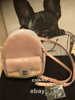 CHANEL Backpack Day Bag Sequins Canvas Rose Pink Gray Beige Multi 18SS Rare