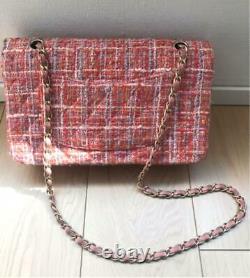 CHANEL Matelasse 25 W Flap Chain Shoulder Bag Tweed Rose Pink Multi Rare Ex++