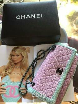 CHANEL Tweed Leather Chain Shoulder Bag Rose Pink Blue 2015 Limited Rare Ex++