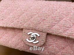 CHANEL Tweed Quilted Classic Double Flap Shoulder Bag Light Rose Pink Rare Used