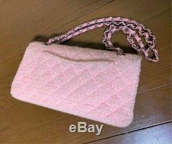 CHANEL Tweed Quilted Classic Double Flap Shoulder Bag Light Rose Pink Rare Used