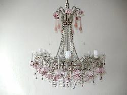 C 1920 RARE French Beaded Pink Opaline Drops & Roses Chandelier One of a Kind