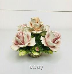 Capodimonte Porcelain Centerpiece Roses Basket Flowers Pink Rare